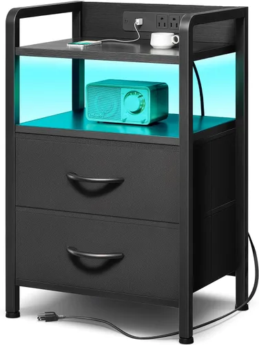 Lazzanto Mesita de noche para dormitorio, mesita de noche con estación de carga y tira de luz LED, mesita de noche con estante de almacenamiento y 2
