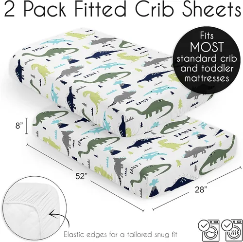 Miniatura 6 de Sweet Jojo Designs Juego de sábanas para cuna de bebé de dinosaurio moderno azul y verde, suave, para recién nacido, se adapta a colchón estándar