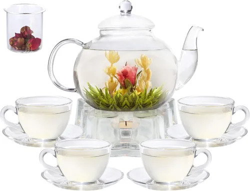 Juego de teteras de vidrio, 40 onzas/40.6 fl oz, hervidor de té de vidrio seguro para estufa con infusor extraíble y calentador de té, tazas de té y