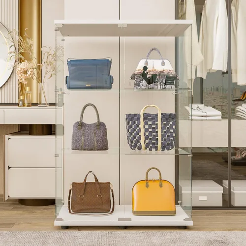 Miniatura 21 de Vitrina de cristal con 4 estantes con tira de luces LED y cerradura, vitrina de vitrina con ruedas y 1 puerta, vitrina de vidrio templado para sala