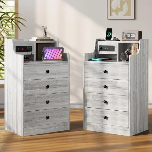 Miniatura 9 de ADORNEVE Mesita de noche grande con estación de carga, mesita de noche negra para dormitorio, mesa auxiliar alta con aparador y 4 cajones, mesa