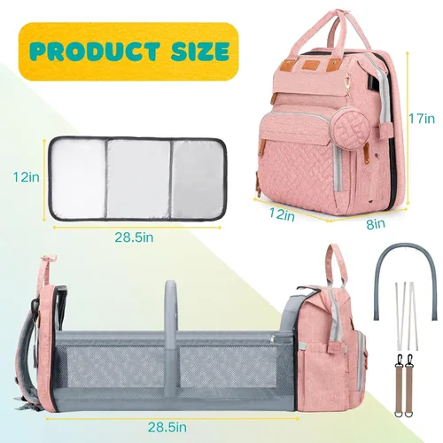 Miniatura 4 de Bolsa de pañales, artículos esenciales para bebés, mochila multifuncional de gran capacidad, el mejor regalo para recién nacidos con estación de Rosa