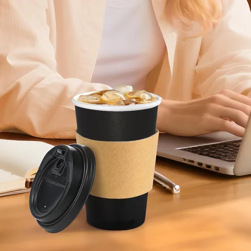 Miniatura 6 de Lamosi Paquete de 100 unidades de tazas de café desechables de 16 onzas con tapas y fundas, negras, a prueba de fugas, para llevar, tazas de café