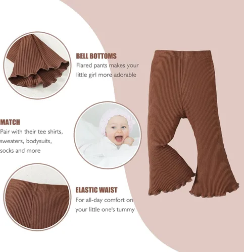 Miniatura 3 de SOBOWO Pantalones acampanados para bebé, paquete de 3 unidades para niña pequeña, color liso, acanalado, con volantes, pantalones acampanados