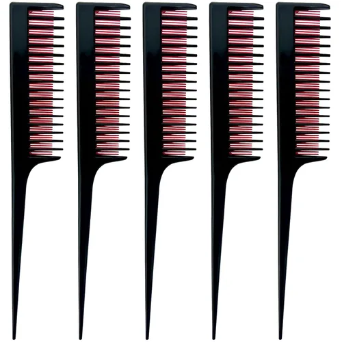 Juego de 5 peines de triple burla – Peines de cola de rata para mujer, perfecto para añadir volumen y estilo nocturno (negro con rojo, 8 x 1.2