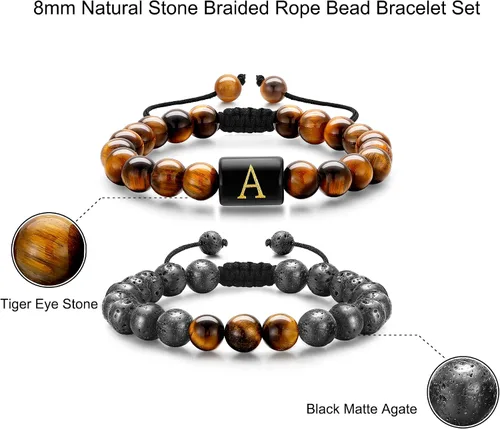 Miniatura 5 de M MOOHAM Pulseras de cuentas para hombre, pulsera con inicial de piedra natural de 0.315 in para hombres, pulseras de ojo de tigre de roca de lava