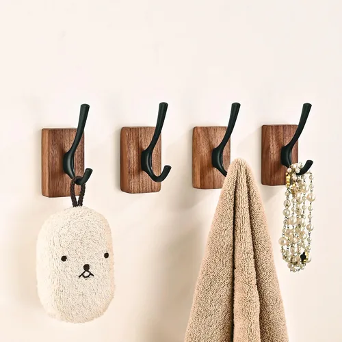 Miniatura 10 de Perchero de pared pequeño de madera de nogal de 17.3 pulgadas con 4 ganchos, colgador de chaquetas de madera resistente montado en puerta