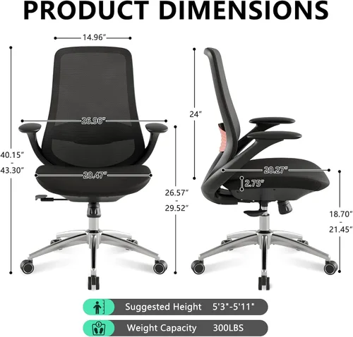 Miniatura 3 de BV Silla de oficina ergonómica, silla de escritorio ejecutiva con respaldo alto con reposabrazos 2D, soporte lumbar ajustable, silla de computadora