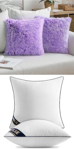 MIULEE Paquete de 2 fundas de almohada decorativas de felpa peluda de doble cara, color morado degradado, juego de 2 rellenos de almohada de 18 x 18