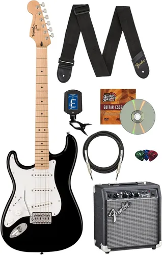 Fender Squier Sonic Stratocaster para Zurdos - Paquete Color Negro con Amplificador Frontman 10G, Cable, Afinador, Correa, Púas y DVD de Guitarra