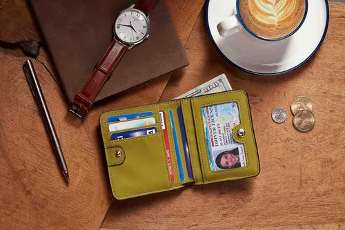 Miniatura 6 de Gostwo - Cartera compacta de piel genuina de lujo para mujer con bloqueo de RFID y ventana de identificación
