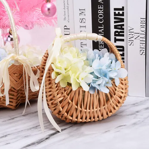 Miniatura 7 de 2 cestas de flores para niña con asa y lazo de cinta, cestas de flores tejidas a mano, cesta de ratán tejida, canasta de arreglo floral de sauce