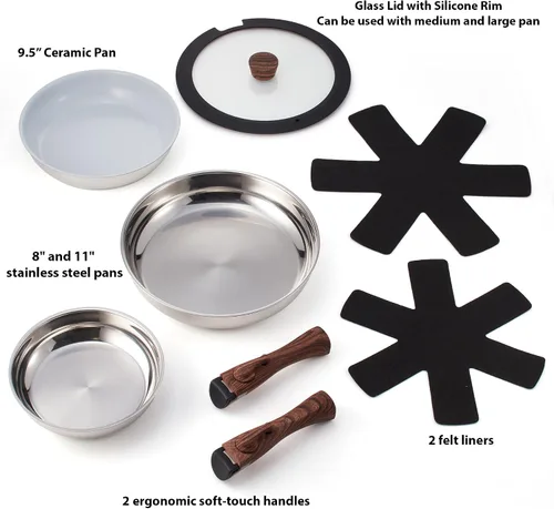 Miniatura 3 de Ergo Chef Pro Series - Juego de 8 sartenes inteligentes, asas extraíbles, ahorro de espacio para cocinas, caravanas y campamentos. Compatible