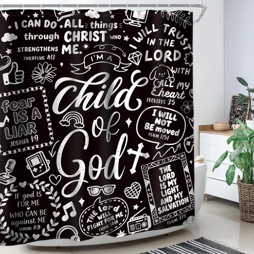 Miniatura 3 de Cortina de ducha para niños, en blanco y negro, versículo bíblico cristiano, citas inspiradoras abstractas, citas inspiradoras, divertidas