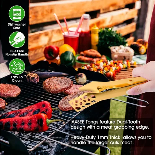 Miniatura 2 de Paquete de 2 pinzas de cocina para cocinar, pinzas de acero inoxidable dorado de 10 pulgadas para parrilla, utensilios de servir resistentes al