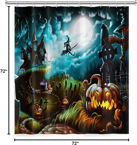 Miniatura 7 de Cortina de ducha de Halloween, cortinas de ducha de calabaza aterradora para baño, casa cazada de brujas, cortina de baño, cortina de baño