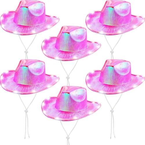 Geyoga 6 piezas de sombrero de vaquero holográfico rosa para mujer, sombrero metálico para rave, sombrero de vaquero brillante, accesorios de fiesta