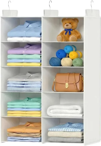 Miniatura 10 de ALLTIDYUP Organizador de Armario Colgante de 5 Estantes – Organizador de Ropa Plegable de Doble Fila con 3 Ganchos, Organizador de Armario y Gris