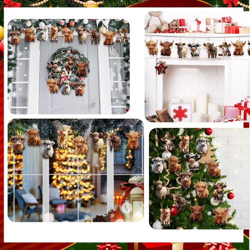 Miniatura 5 de Wenqik 36 piezas de decoración de madera de vaca de las tierras altas del oeste, juego de adornos de Navidad con bonitos recortes de ganado