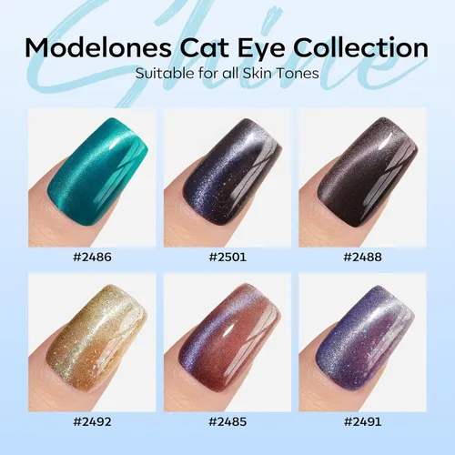 Miniatura 4 de modelones - Juego de 6 esmaltes en gel con efecto de ojo de gato cristalino, holográfico 9D, brillantina, negro, azul, morado, verde, con imán