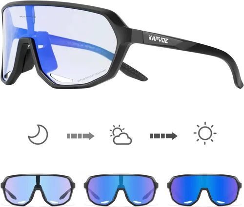 KAPVOE Gafas de ciclismo fotocromáticas para hombres y mujeres, gafas de sol de bicicleta de montaña, gafas deportivas con protección UV Azul Negro