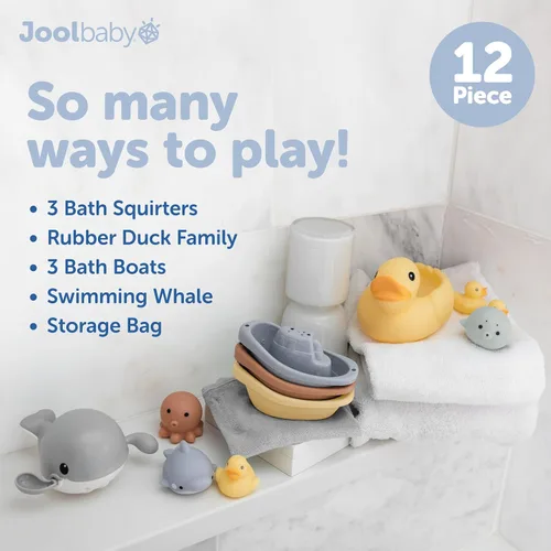 Miniatura 2 de Jool Baby Juego de regalo de juguetes de baño de 12 piezas, chorros de baño, patos de goma, ballena de natación enrollada, organizador