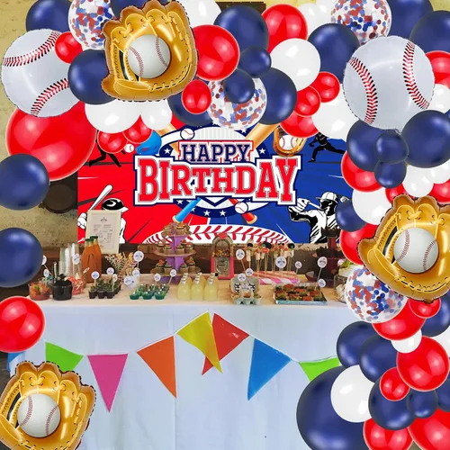 Miniatura 6 de Guirnalda de arco de globos de béisbol, 146 piezas de papel de aluminio de béisbol, guantes de látex de confeti rojo, blanco, azul marino, confeti