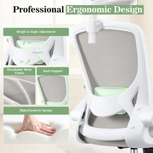 Miniatura 6 de BESTFAIR Silla de oficina ergonómica, sillas de oficina de malla transpirable con soporte lumbar ajustable, brazos abatibles, silla de escritorio