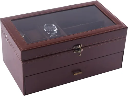 Miniatura 4 de AUTOARK Caja de cuero y terciopelo para 6 relojes, caja de joyería y 9 piezas de almacenamiento para lentes de sol y gafas de sol, cajón organizador