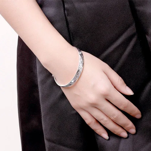 Miniatura 7 de Yuren Pulsera de plata de ley 925 tallada con flor de fu, 0.62 oz, peso 2.6 in, para regalo de boda