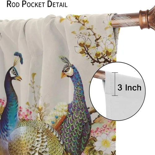 Miniatura 6 de Cortina opaca con estampado de pavo real, con estampado de animales retro, con bolsillo para cortinero y flores de peonía doradas, para dormitorio