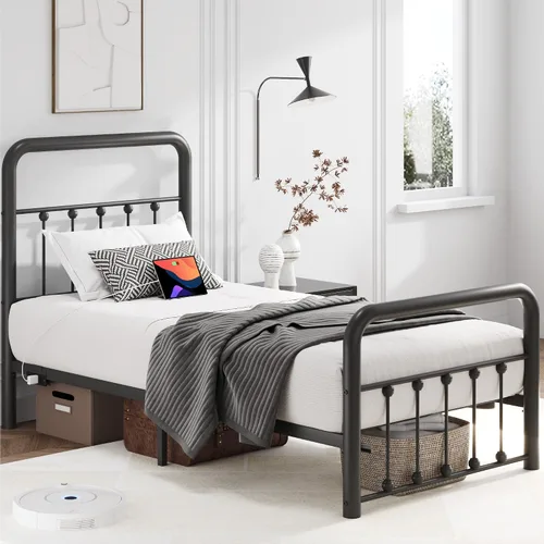 Miniatura 4 de Fluest - Base de cama de 14 pulgadas para cama individual clásica de metal con plataforma, estación de carga y LED, cabecero y pie
