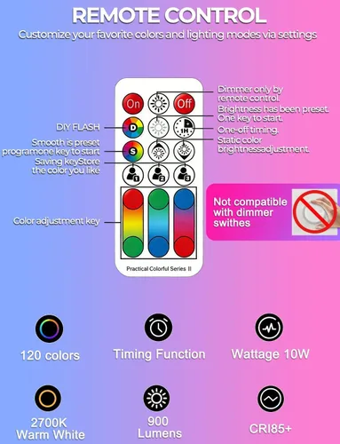 Miniatura 4 de ILC Bombilla LED que cambia de color, 120 colores, blanco cálido de 2700 K, equivalente a 70 vatios, estrobo DIY, RGB con control remoto, LED de 10