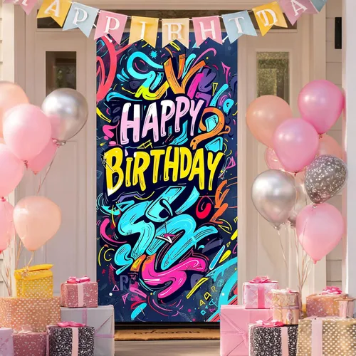 Miniatura 10 de BlissYard Cubierta de puerta de feliz cumpleaños de 71 x 35 pulgadas, pintura colorida salpicada de graffiti, arte y efectos de goteo, telón