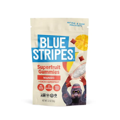Blue Stripes Cacao Superfruit Gummies - Vegan Chewy Fruity Snack, No Sugar Added 100% Fruit Gummy, 9 Essential Vitamins & Minerals, Natural Tropical