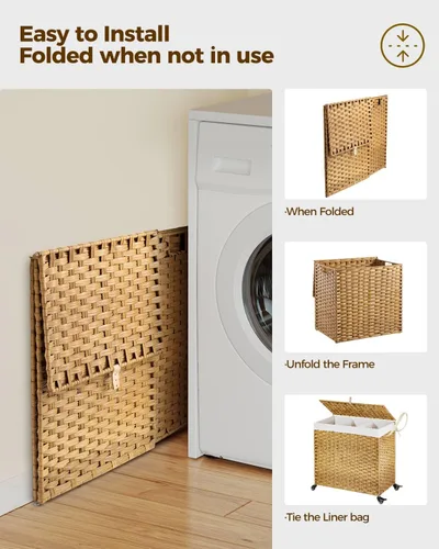 Miniatura 25 de GREENSTELL Cesta para ropa sucia con ruedas y tapa, 130 L, cesta grande de 3 secciones con 2 tipos de bolsas de forro extraíbles, 5 bolsas de malla