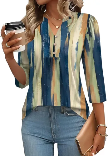 Miniatura 10 de IECCP Blusas de verano de manga 3/4 para mujer, estilo casual, cuello Henley, cuello en V, plisadas, ajuste holgado, blusas de trabajo