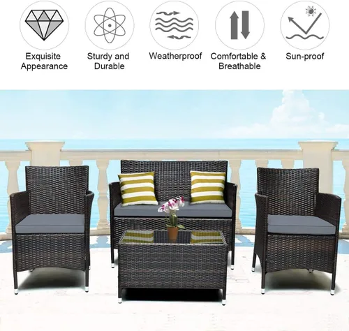 Miniatura 3 de HAPPYGRILL Juego de sofá de patio de 4 piezas, muebles de mimbre de ratán, juego de conversación con sofá acolchado y mesa auxiliar para patio al