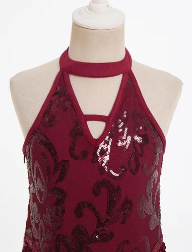 Miniatura 6 de IBAKOM Body de lentejuelas brillantes con flecos y cuello halter en V, leotardo de gimnasia para niños, espalda abierta, jazz latino, hip hop