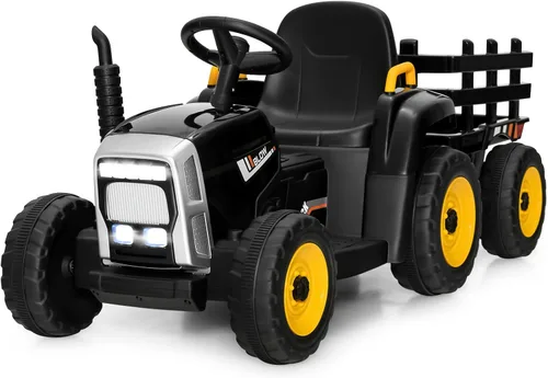 Costzon Tractor de paseo con remolque desmontable, vehículos eléctricos para niños con pala cargadora de cambio de 3 marchas, diseño inalámbrico y