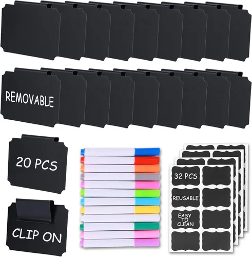 Juego de 20 etiquetas de cesta con clip para contenedores de almacenamiento, cocina, despensa, cesta, caja, organización de lavandería, con 32