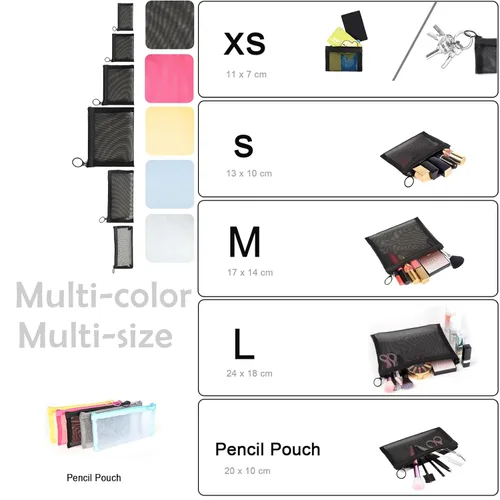 Miniatura 7 de patu Bolsas de malla con cremallera, estuche largo, 5 piezas, organizador de accesorios cosméticos de maquillaje de belleza, juego de artículos