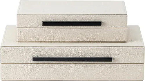 Miniatura 7 de Juego de 2 cajas de almacenamiento decorativas de cuero granulado beige con asas de metal negro – Cajas para joyas y recuerdos de cuero sintético