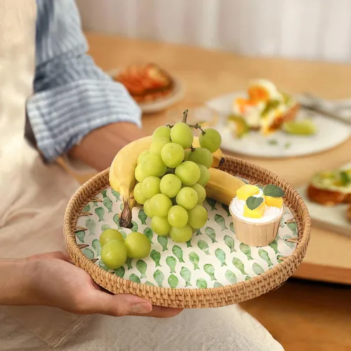 Miniatura 4 de Bandeja redonda de ratán con incrustaciones de nácar, bandeja de ratán para café, pan, frutas, bandeja decorativa de mimbre para decoración de mesa