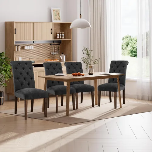 Miniatura 19 de Juego de 2 sillas de comedor, tapizadas Parsons con botones y patas de madera maciza, sillas de cocina de tela moderna para comedor, color beige