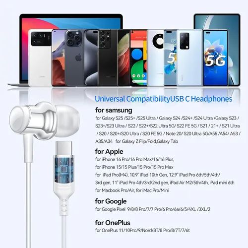 Miniatura 4 de Auriculares USB C para Samsung S25 S24 S23 Ultra FE S22 A55 A54 Auriculares con cable magnéticos tipo C con micrófono Control de volumen Cancelación