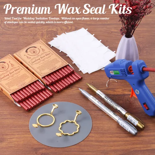 Miniatura 4 de Juego de sellos de cera, 40 varillas de cera de sellado rojo metálico con pistola de pegamento, moldes de sellado de cera, alfombrilla de silicona