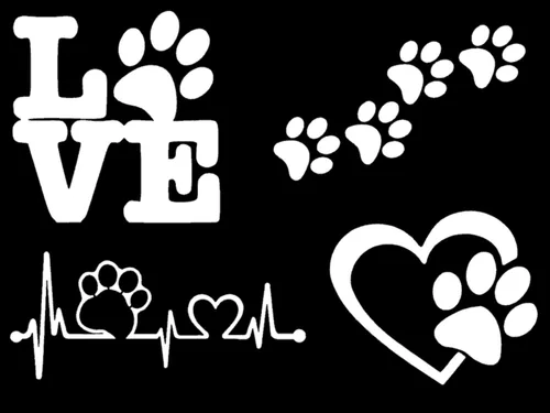 Paquete de 4 calcomanías de patas: patas de perro, amor con pata, latido del corazón de la pata, huellas de patas (blanco, pequeño ~ 3.5 pulgadas)