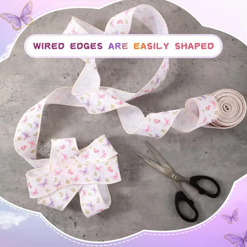 Miniatura 4 de Tigeen 2 rollos de cinta de arpillera con borde de mariposa de 20 yardas de 1.6 pulgadas, cinta de arpillera de flores de mariposa morada