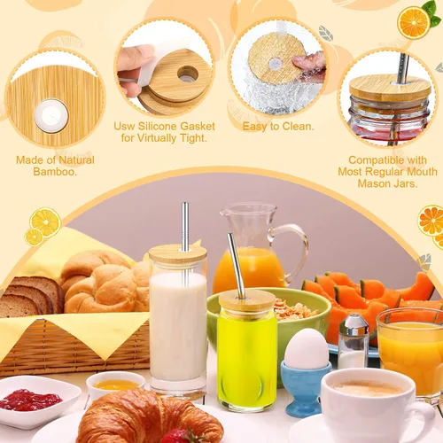 Miniatura 5 de Sieral Tapas de bambú para frascos de 2.756 in con agujero para pajilla, tapas reutilizables de madera para tarros de cerveza, cubierta de conservas